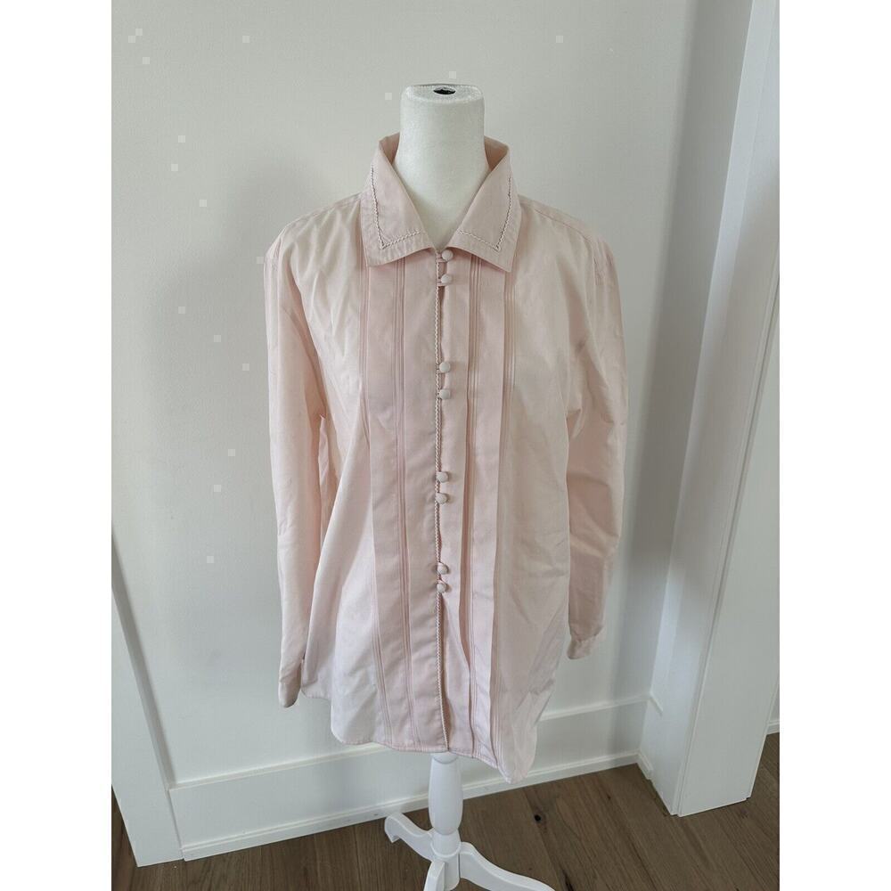 Vintage Womens Pink Tuxedo Pleated Pintuck Embroidered Button Up Blouse Sz Large